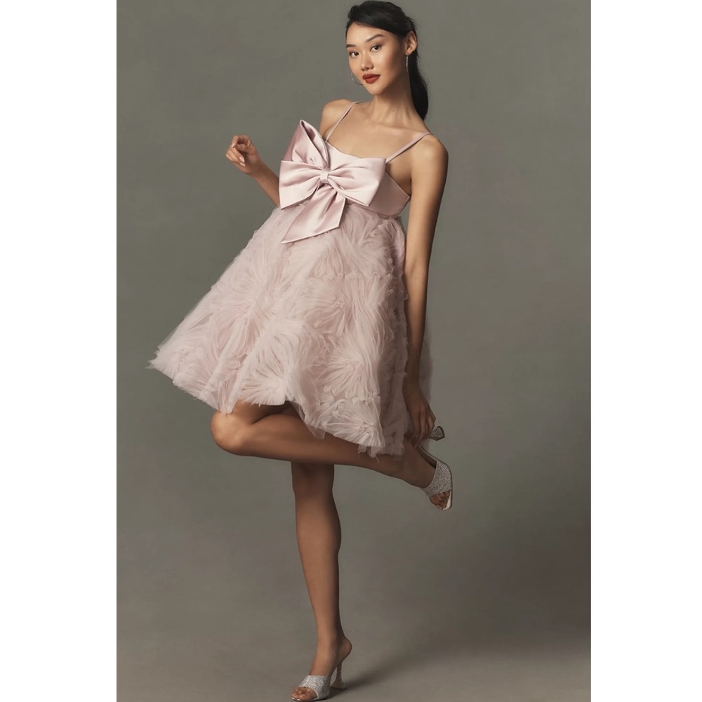 Mac Duggal Pink Bow Front Tulle Mini Dress